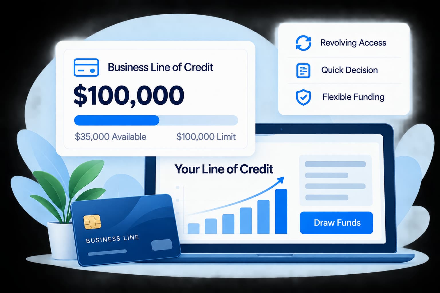 Business line of credit dashboard, available credit, revolving access, quick decision, and flexible funding